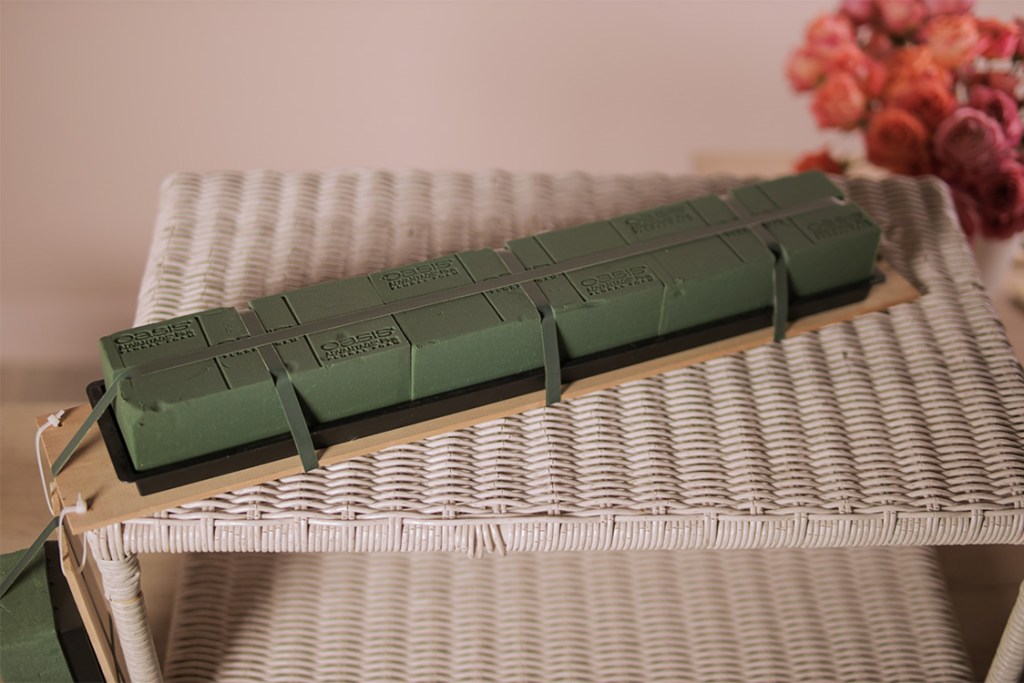 step 1 a- large tray with floral foam