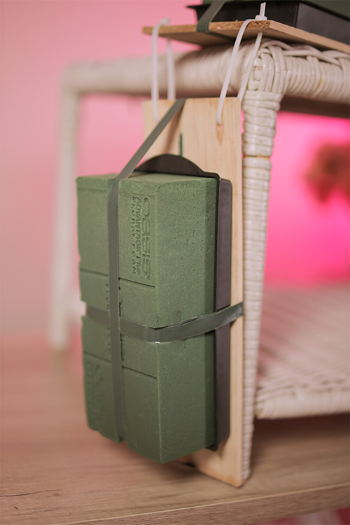 add floral foam attache dwith zip ties to wood base under larger tray