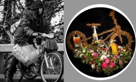 The Mini Man’s bike is crafted by florist Shelley for the funeral of Kilgetty open-air dweller Henry