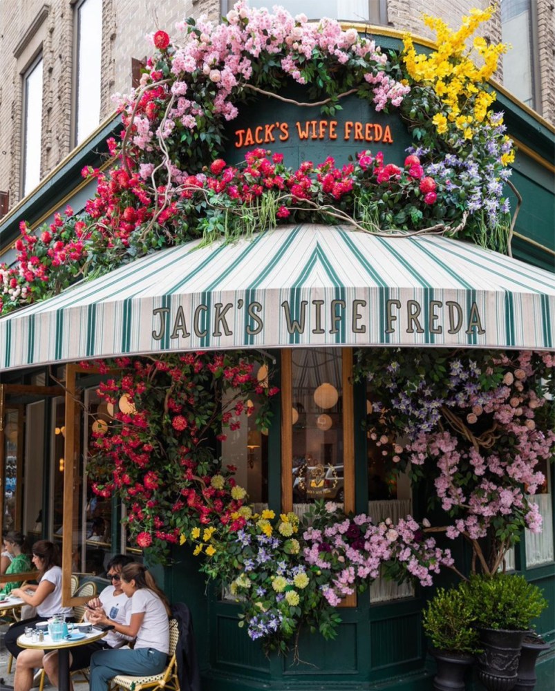Outdoor floral decor at a business