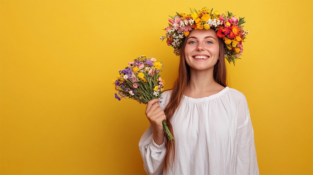 woman with bouquet and flower head wreath